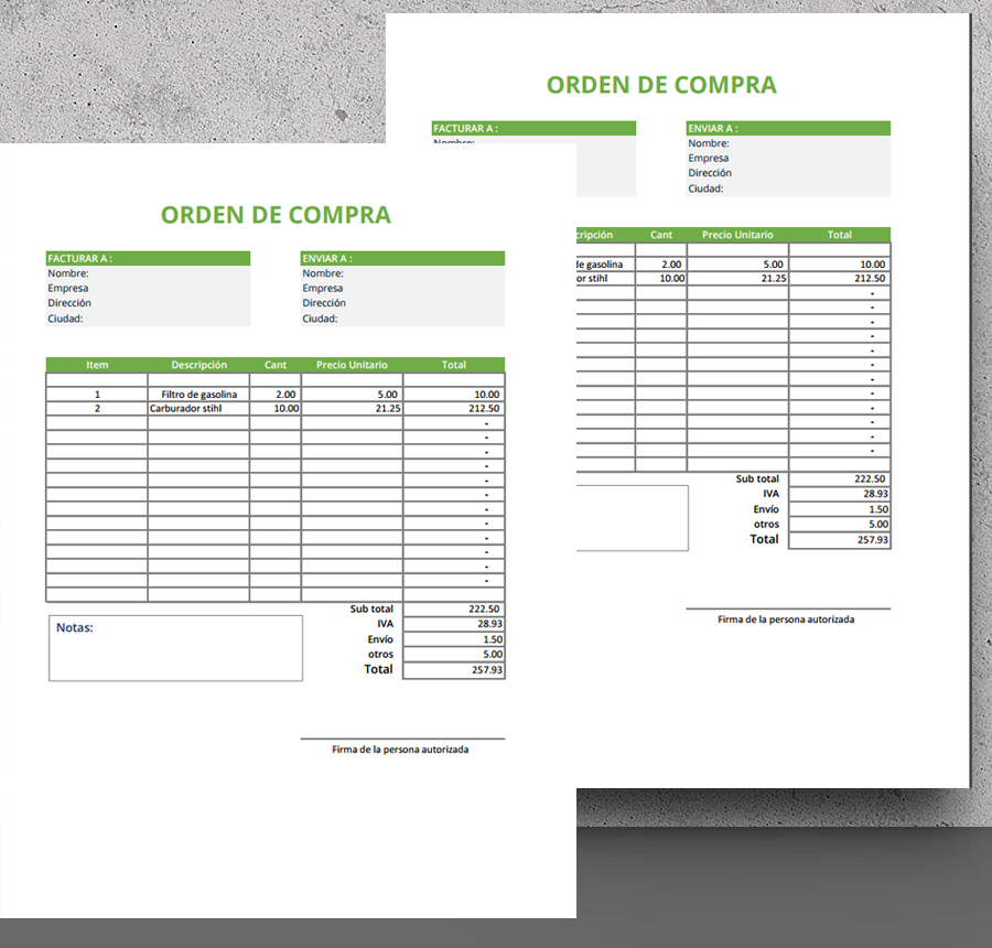 Formulario de pedido y orden de compra