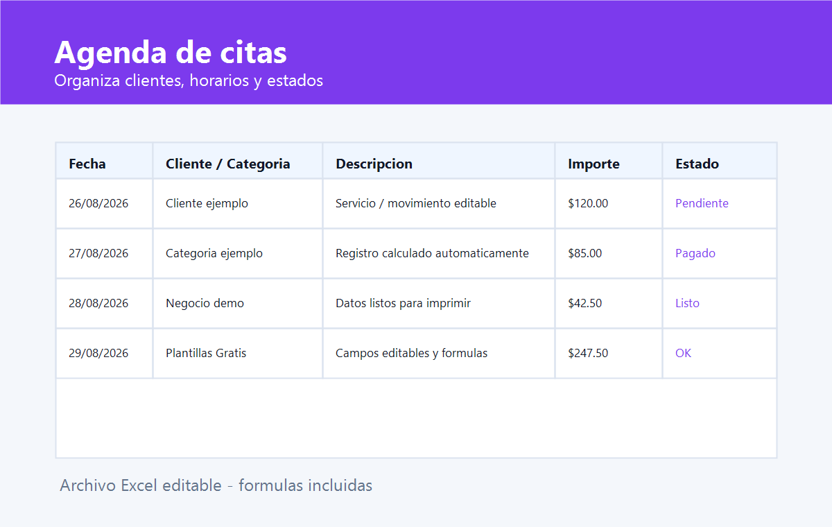 Plantilla de agenda de citas para clientes en Excel gratis