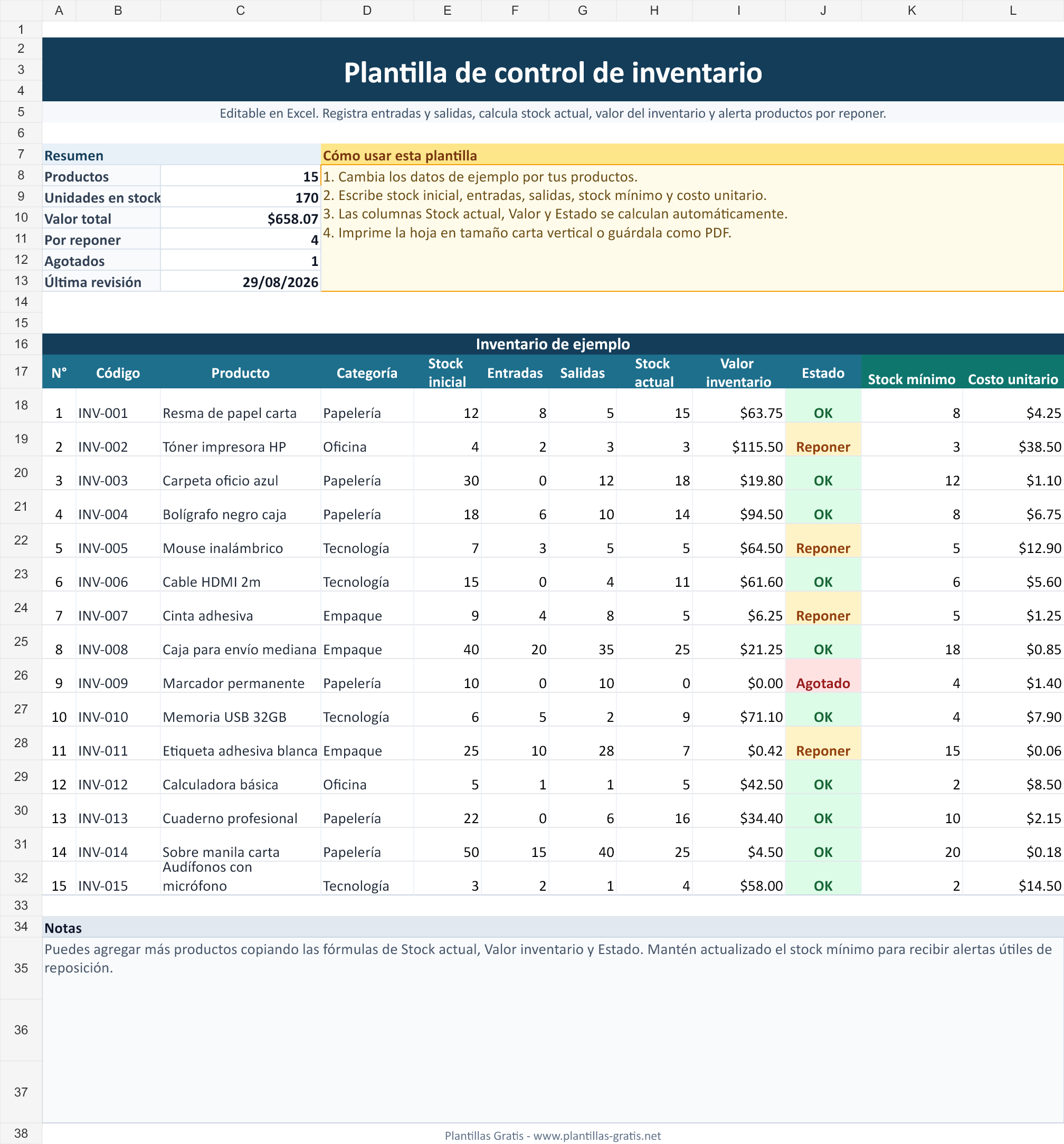 Plantilla de control de inventario en Excel gratis