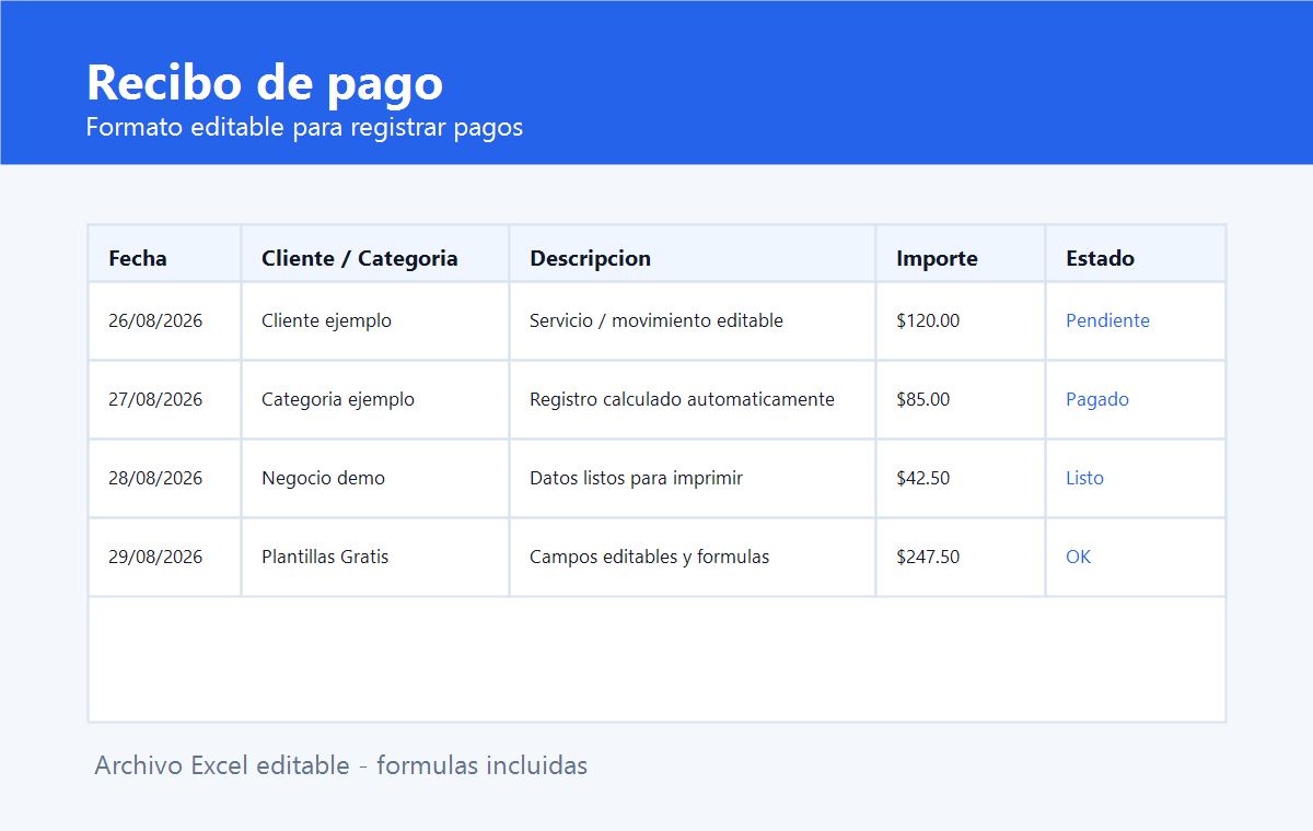 Plantilla de recibo de pago en Excel gratis
