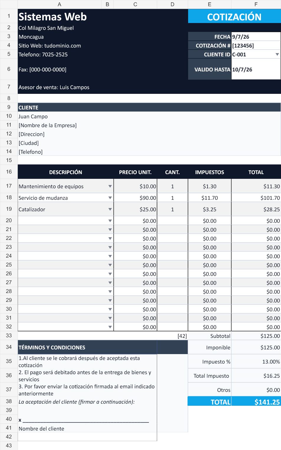Minimalista corporativa. Cotización con los datos de ejemplo del archivo.