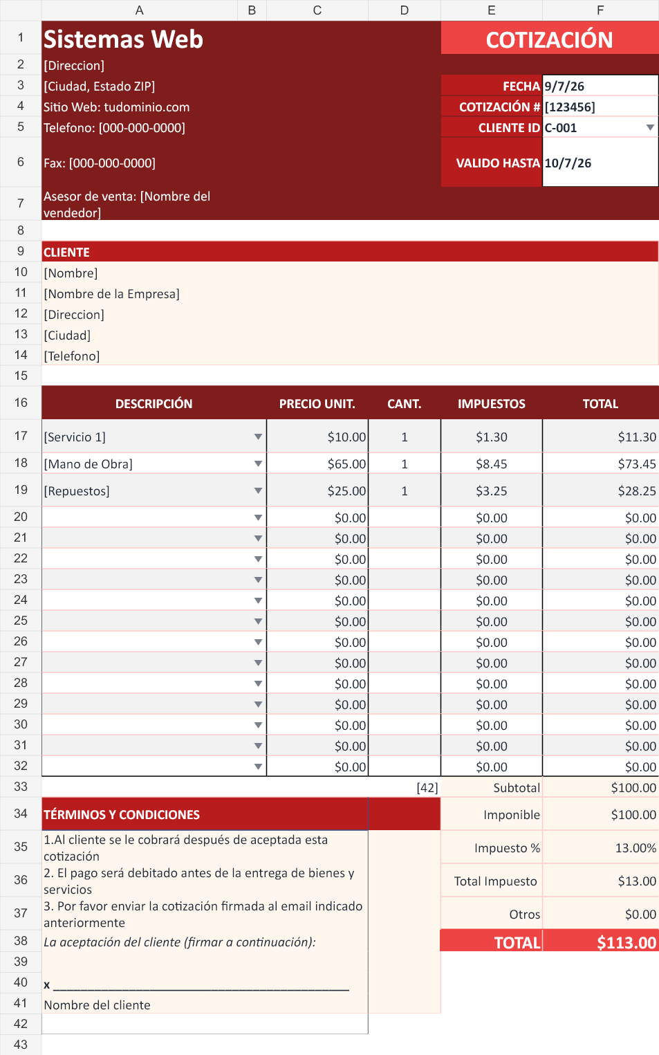 Roja comercial. Cotización con los datos de ejemplo del archivo.