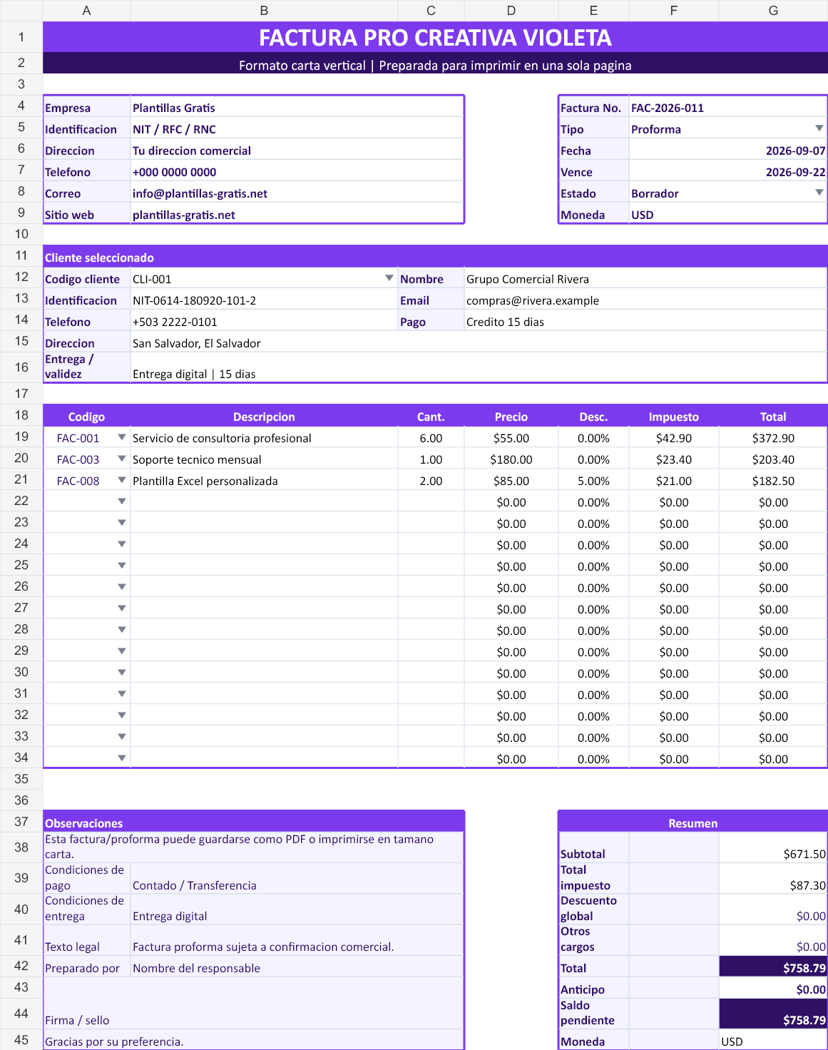 Creativa violeta. Vista con los datos de ejemplo del archivo.