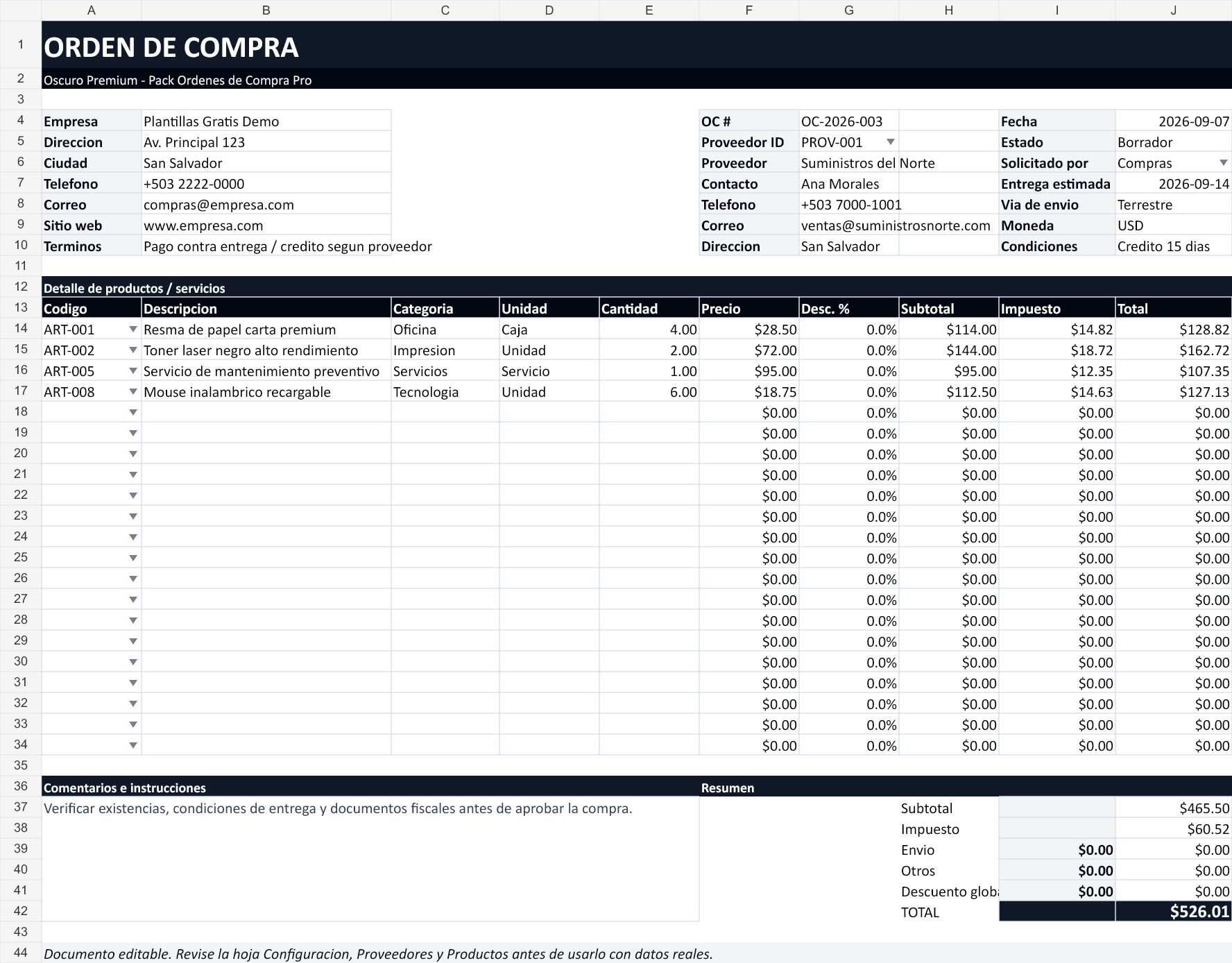 Oscuro premium. Hoja Orden de Compra con datos de ejemplo del archivo.