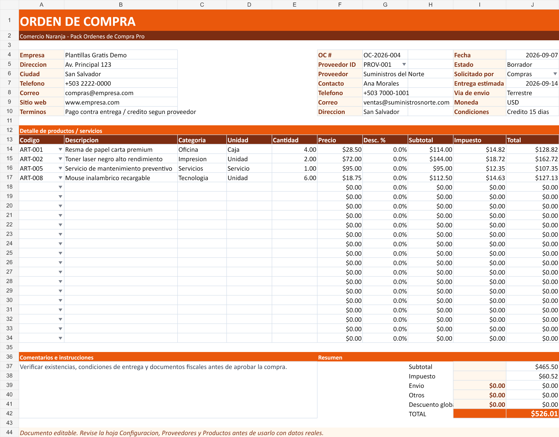 Comercio naranja. Hoja Orden de Compra con datos de ejemplo del archivo.