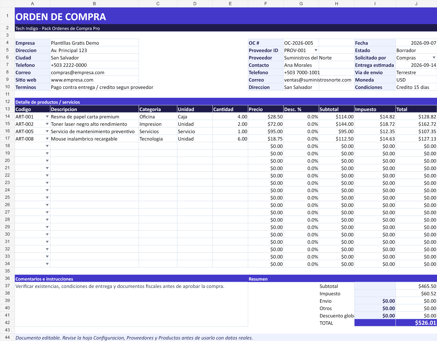 Tech índigo. Hoja Orden de Compra con datos de ejemplo del archivo.