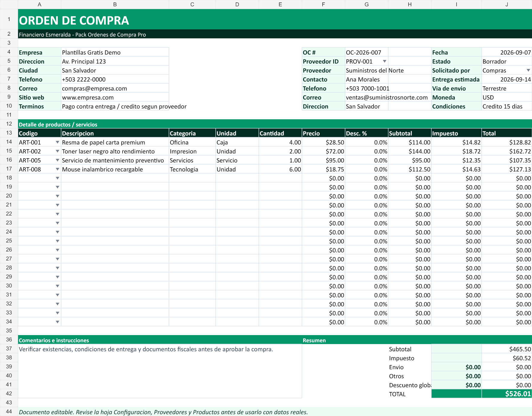 Financiero esmeralda. Hoja Orden de Compra con datos de ejemplo del archivo.