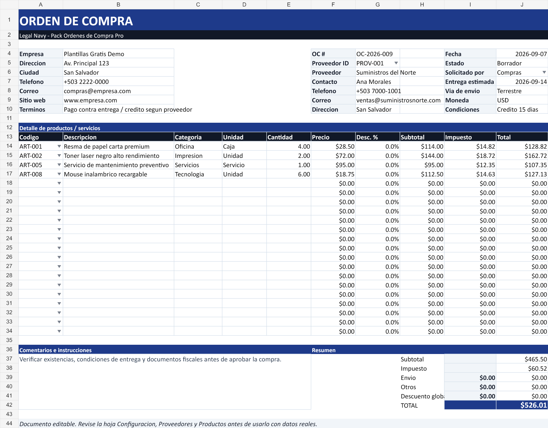 Legal navy. Hoja Orden de Compra con datos de ejemplo del archivo.