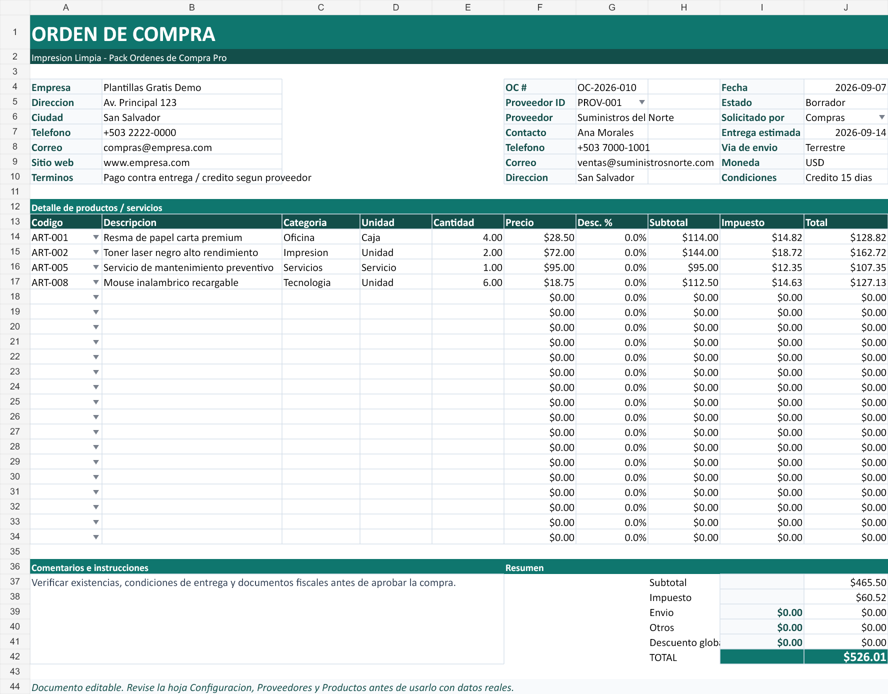 Impresión limpia. Hoja Orden de Compra con datos de ejemplo del archivo.