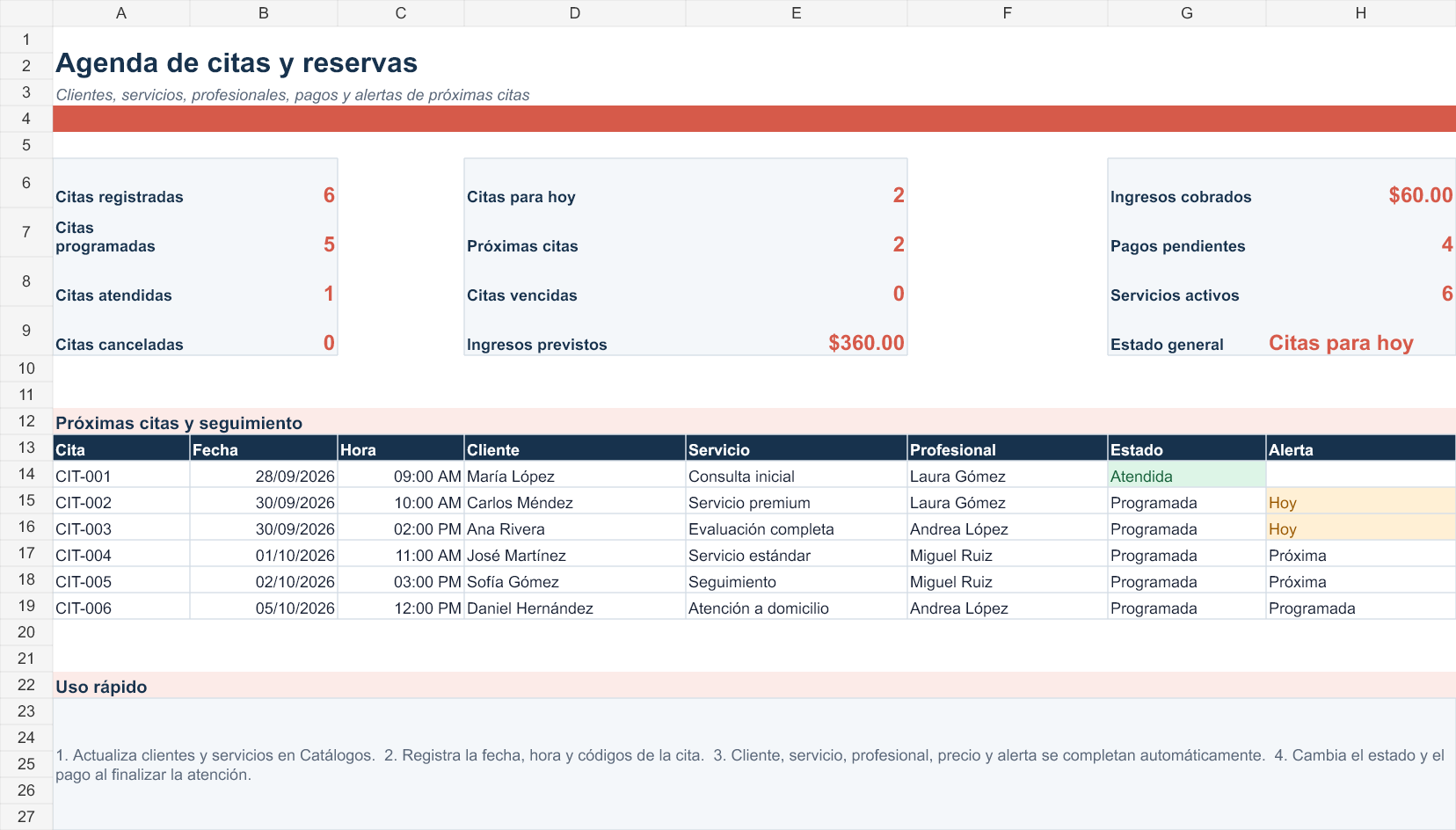 Plantilla de agenda de citas y reservas en Excel gratis