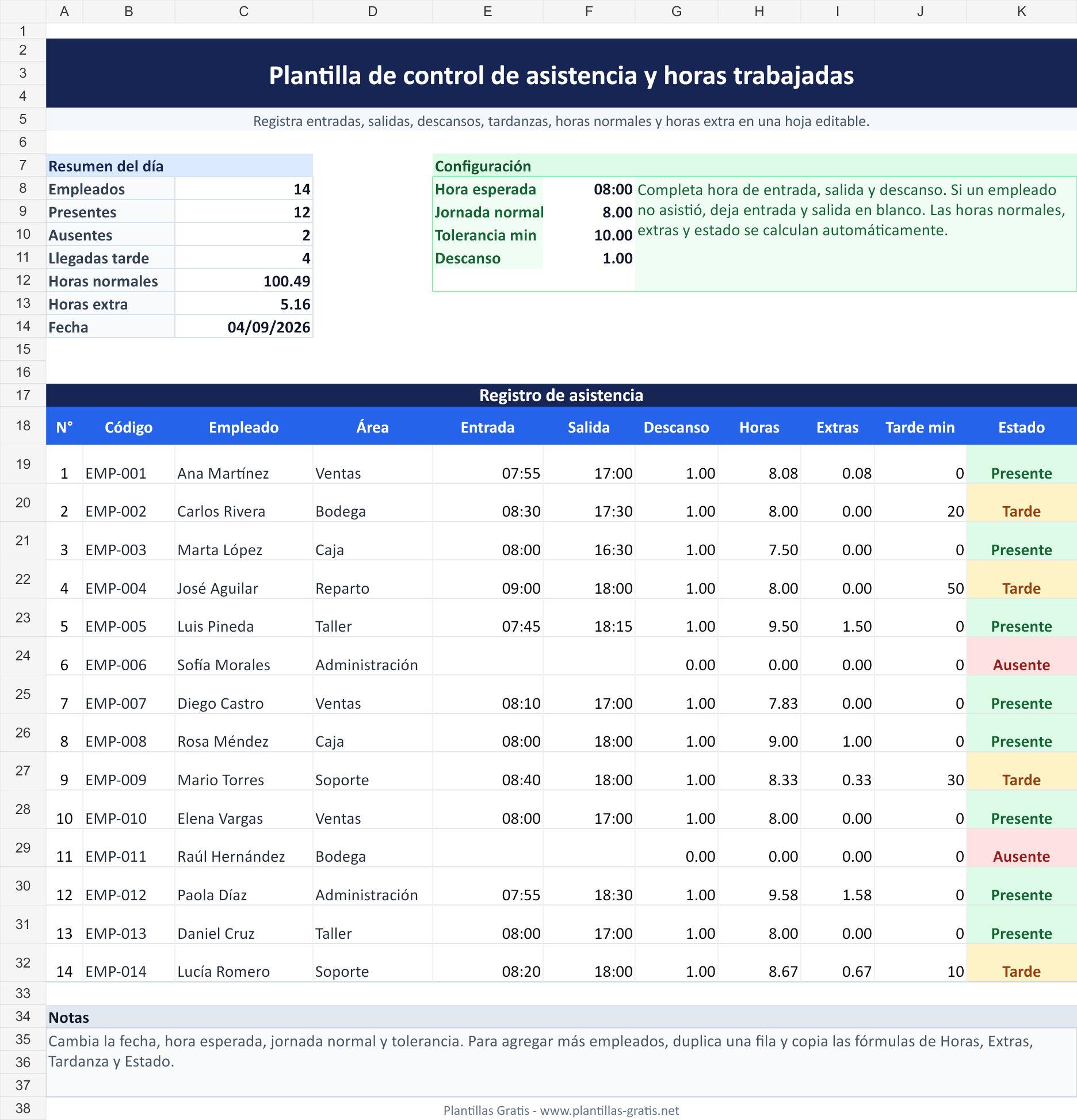 Plantilla de control de asistencia y horas trabajadas en Excel gratis