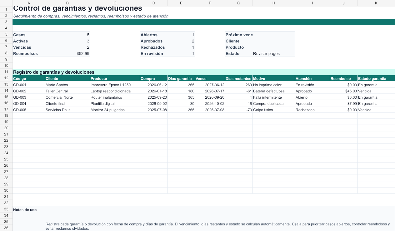 Plantilla de control de garantías y devoluciones en Excel gratis