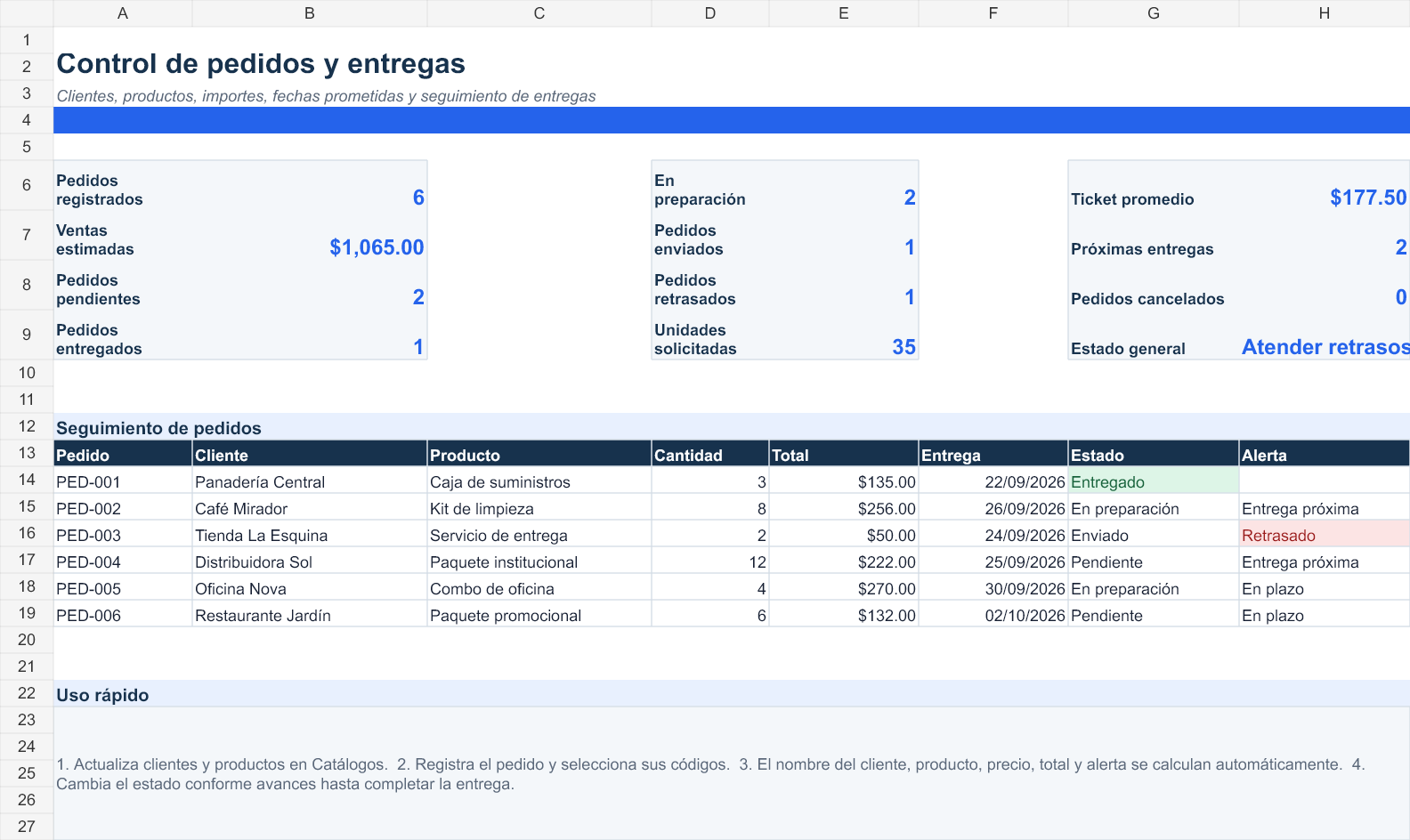 Plantilla de control de pedidos y entregas en Excel gratis