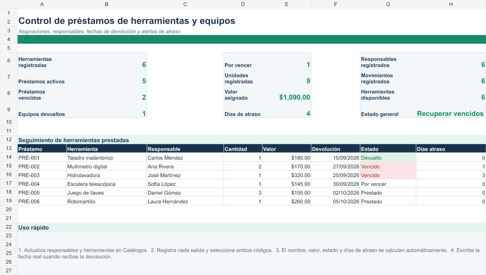 Plantilla de control de préstamo de herramientas en Excel gratis