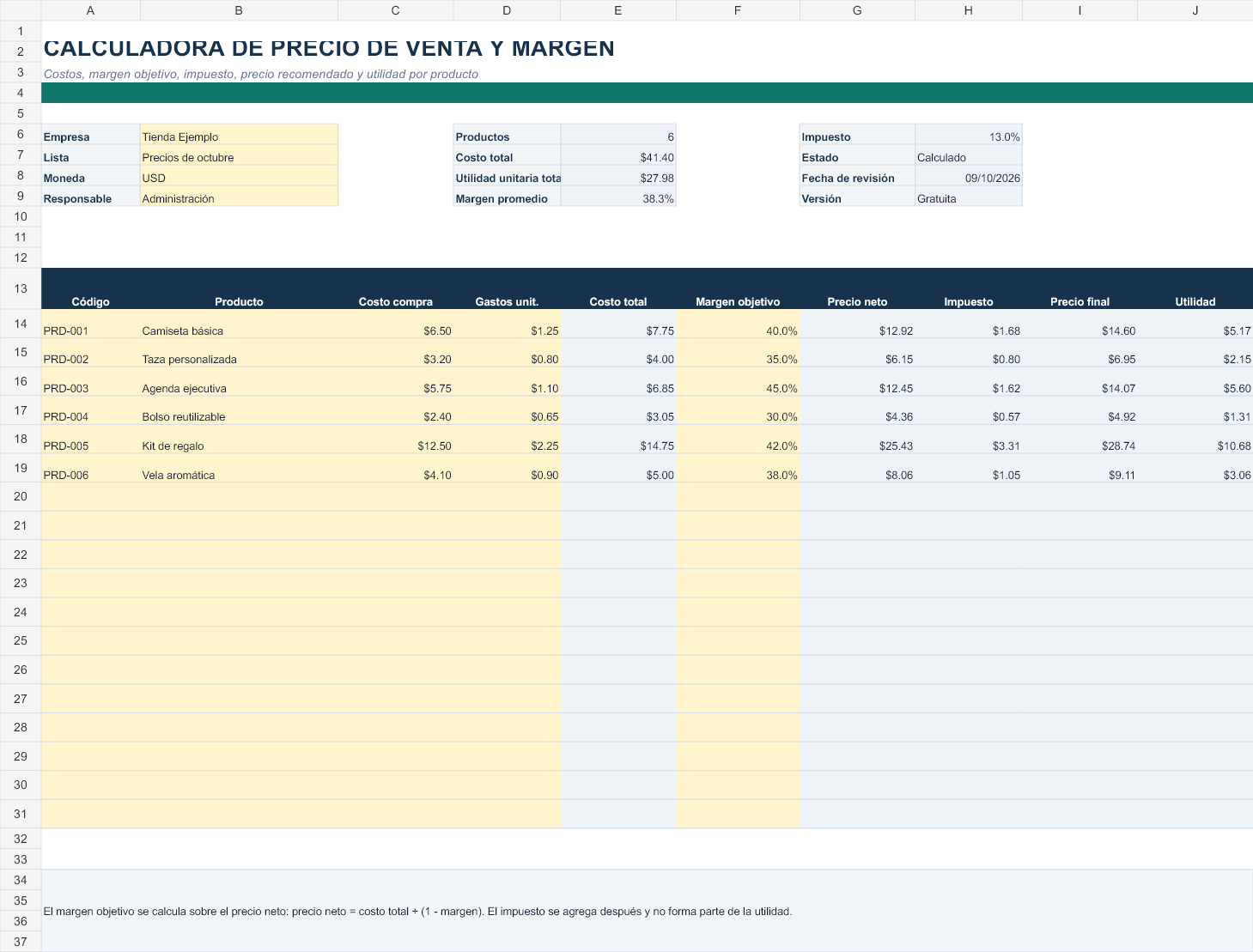 Plantilla para calcular precio de venta y margen en Excel gratis