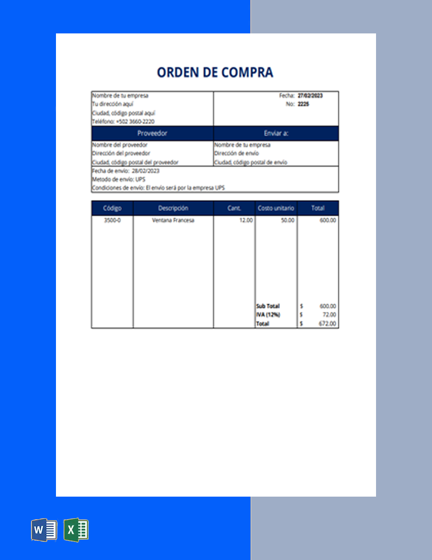 Plantilla de Orden de Compra de Construcción en Excel