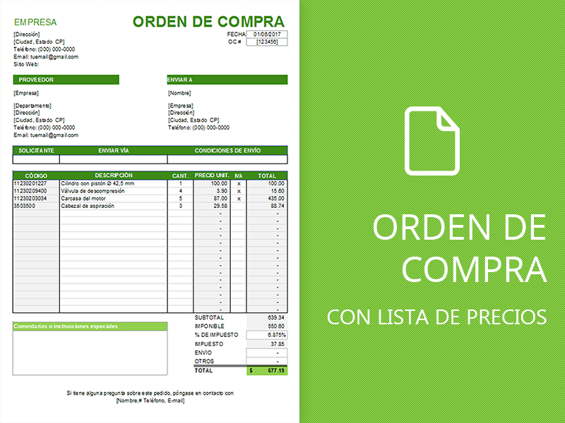 Plantilla de orden de compra con lista de precios