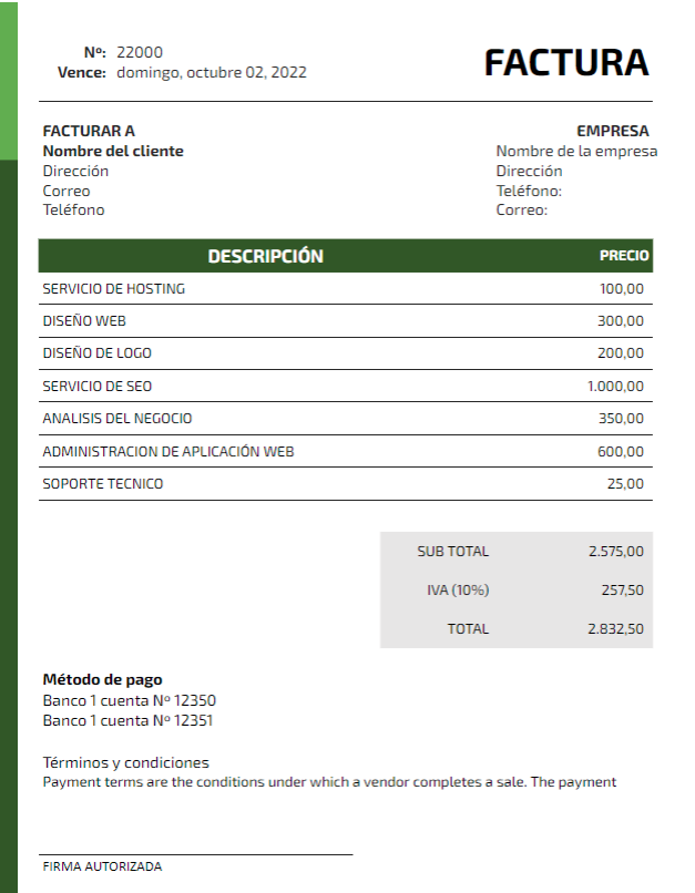 Plantilla simple para facturar servicios