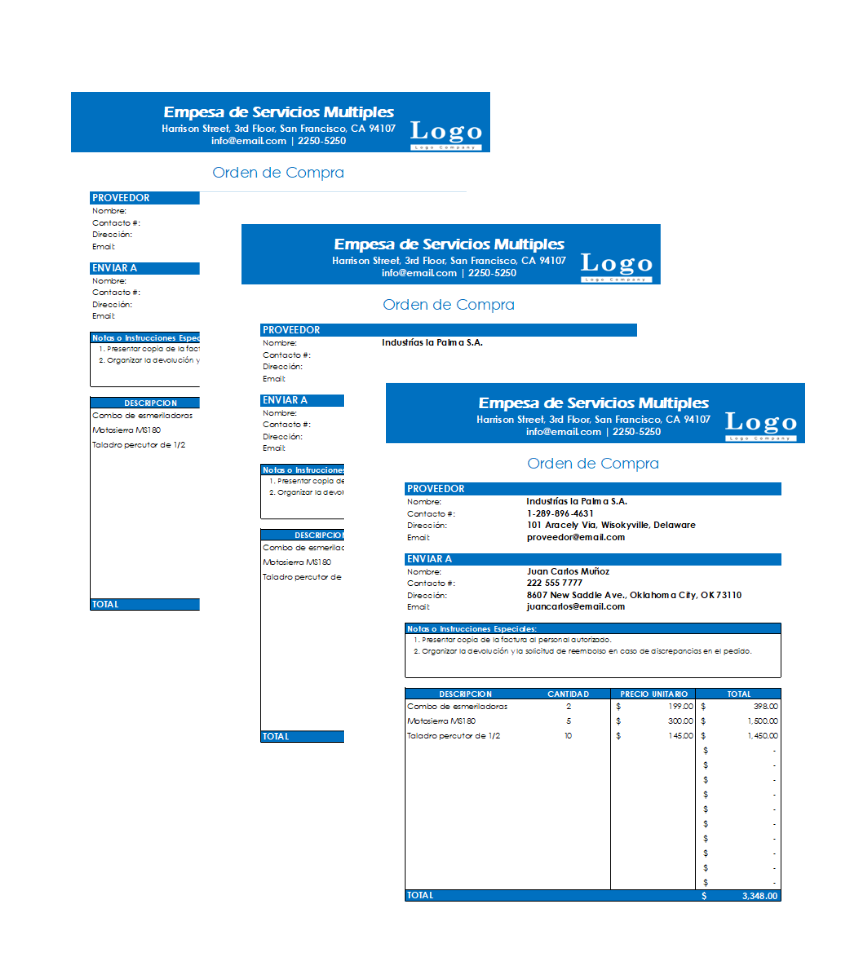Plantilla de Orden de Compra en Excel color Azul
